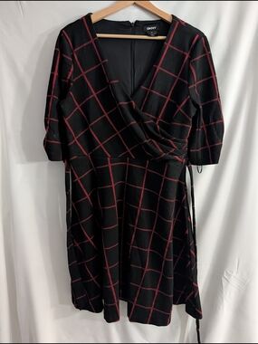 DKNY Black & Red Windowpane Wrap Dress